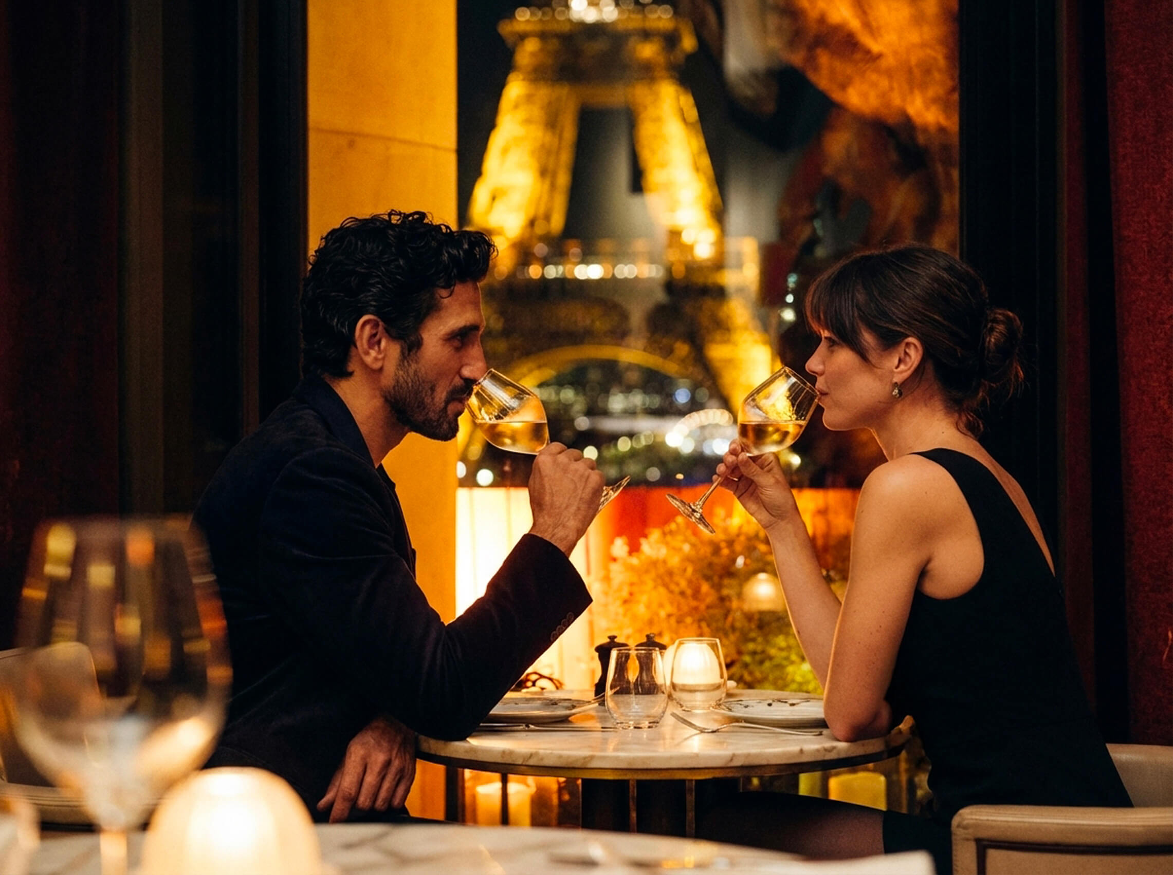 A tête-à-tête dinner facing the illuminated Eiffel Tower